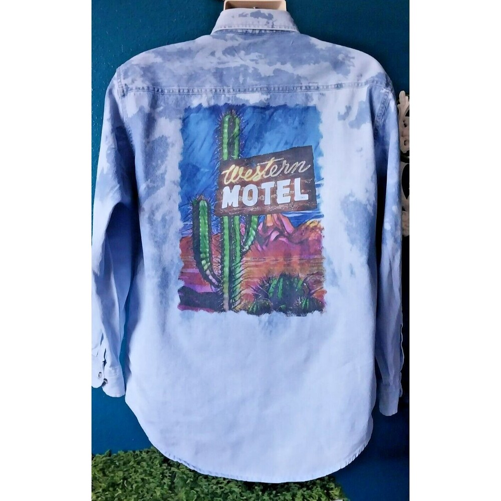 Vintage Acid Wash Denim Western Cowboy Shirt Cactus Hotel Long Sleeve Med Mens
